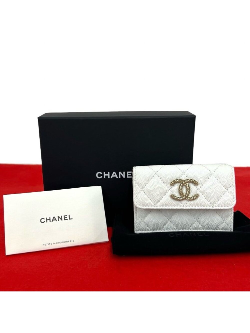Chanel Box and Seal Quilted CC Logo Caviar Leather Trifold Wallet Mini White